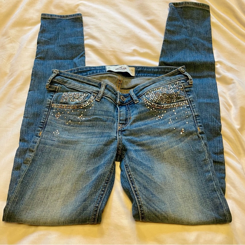Hollister Blue Skinny Jeans with Rhinestone Embellishments